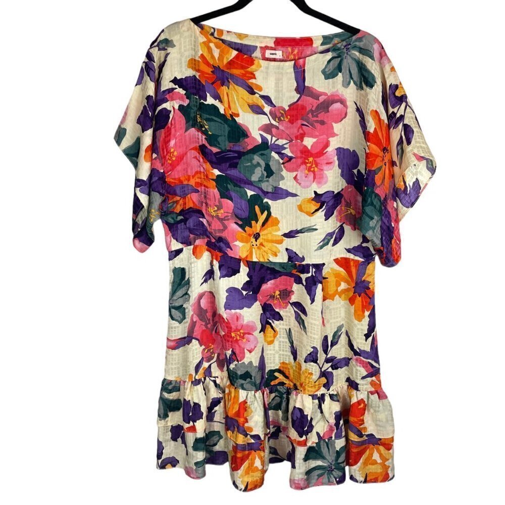 Warm Silk Floral Print Short Sleeve Ruffle Hem Mini Dress Multicolor Size 2